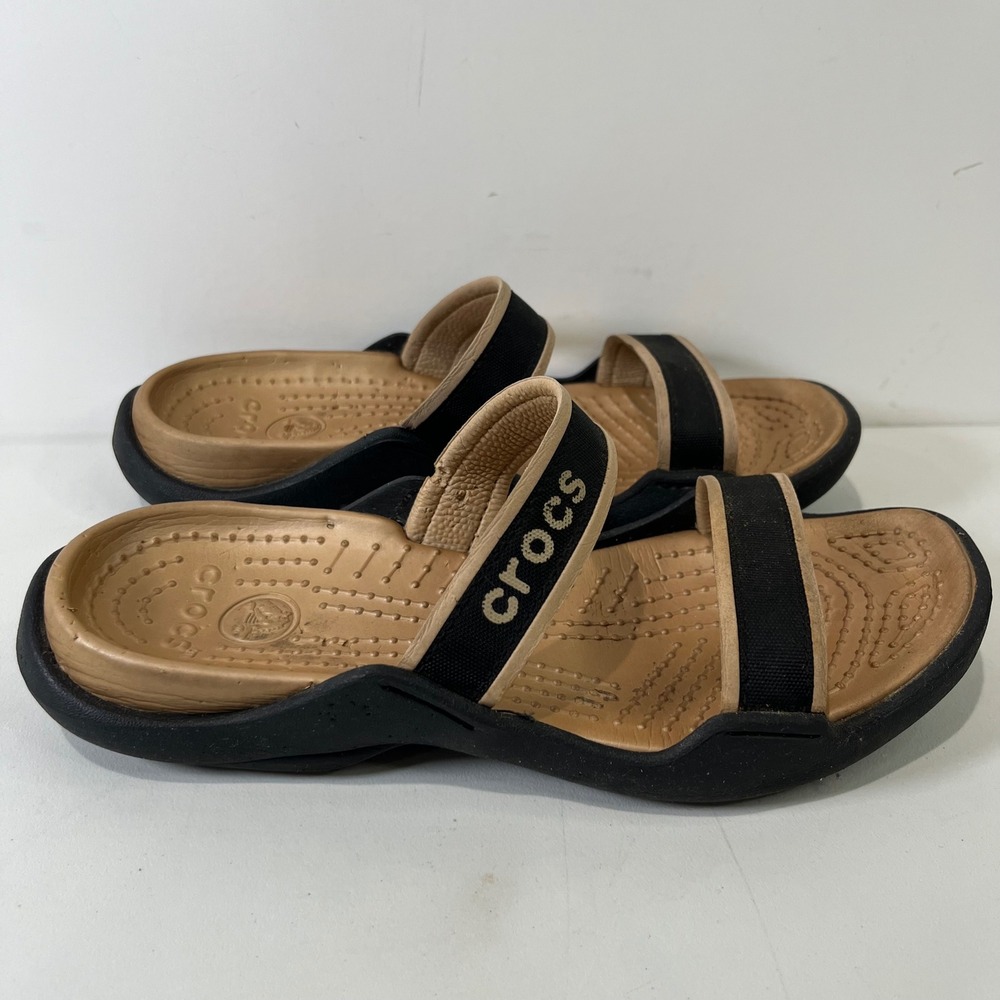 Crocs Cleo Sandals Women Size 6 Black Tan Double Strap Comfort Slides Casual - Picture 3 of 6